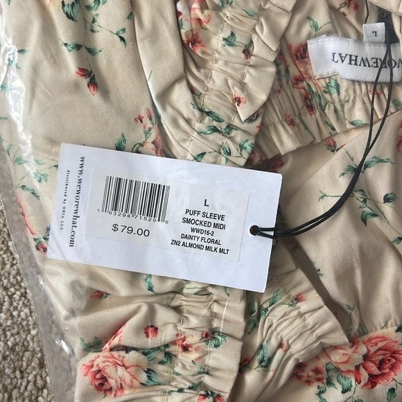 0306 - Puff Sleeve Smocked Midi Dress Dainty Floral Almond Milk - Picture 6 of 6